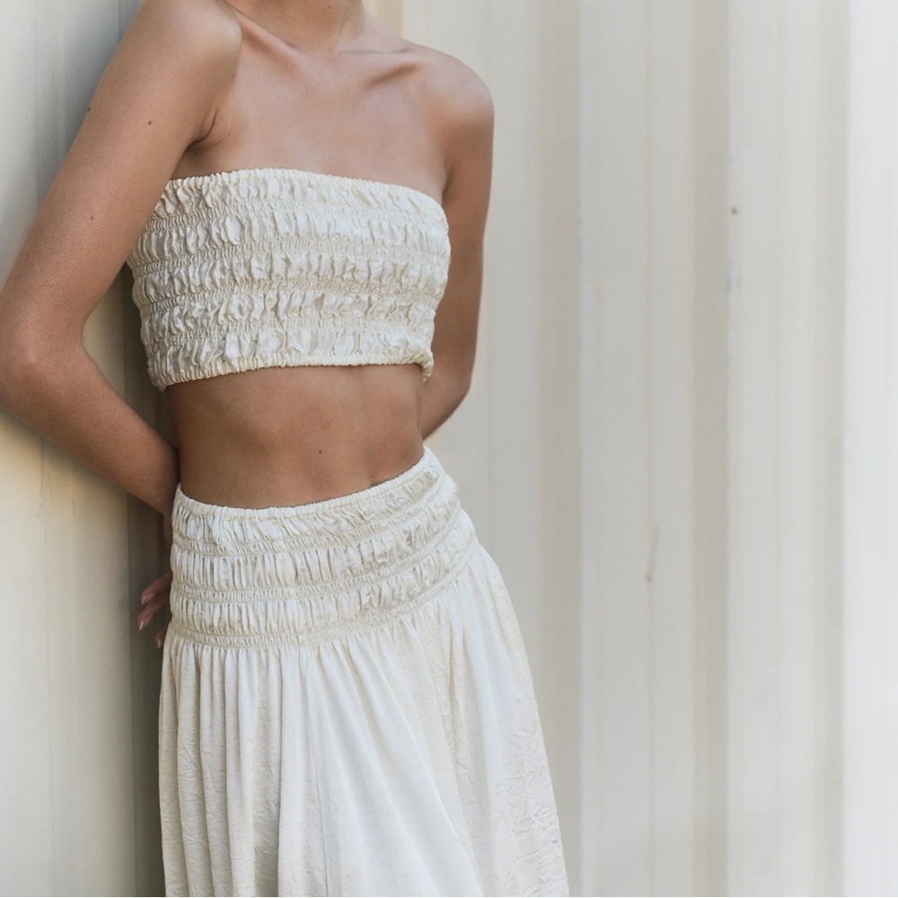 Brand new Enza Costa textured satin smocked skirt and top set in antique cream